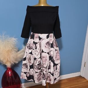 Black & Blush Rose Off-Shoulder Fit-and-Flare Dress